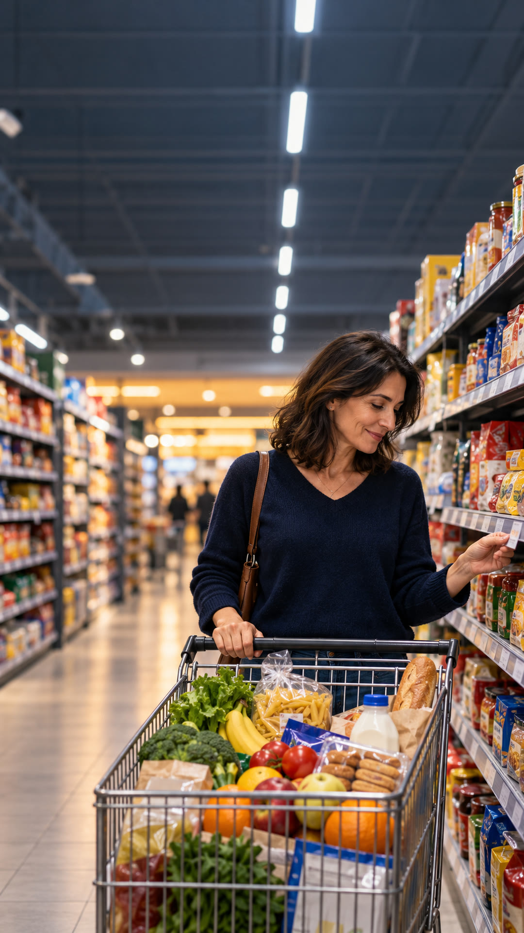 Una donna al supermercato col carrello pieno sorride davanti al cartellino del prezzo