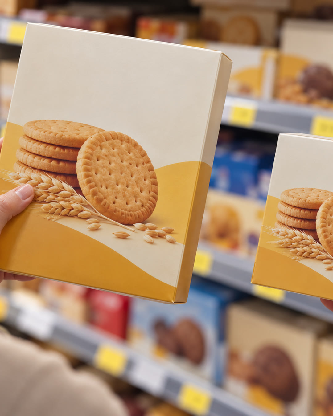 Due mani confrontano una scatola grande e una piccola di biscotti davanti allo scaffale